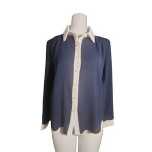 MISS VALLEY Women's Navy White Colorblock Button-Up Blouse One Size 00024